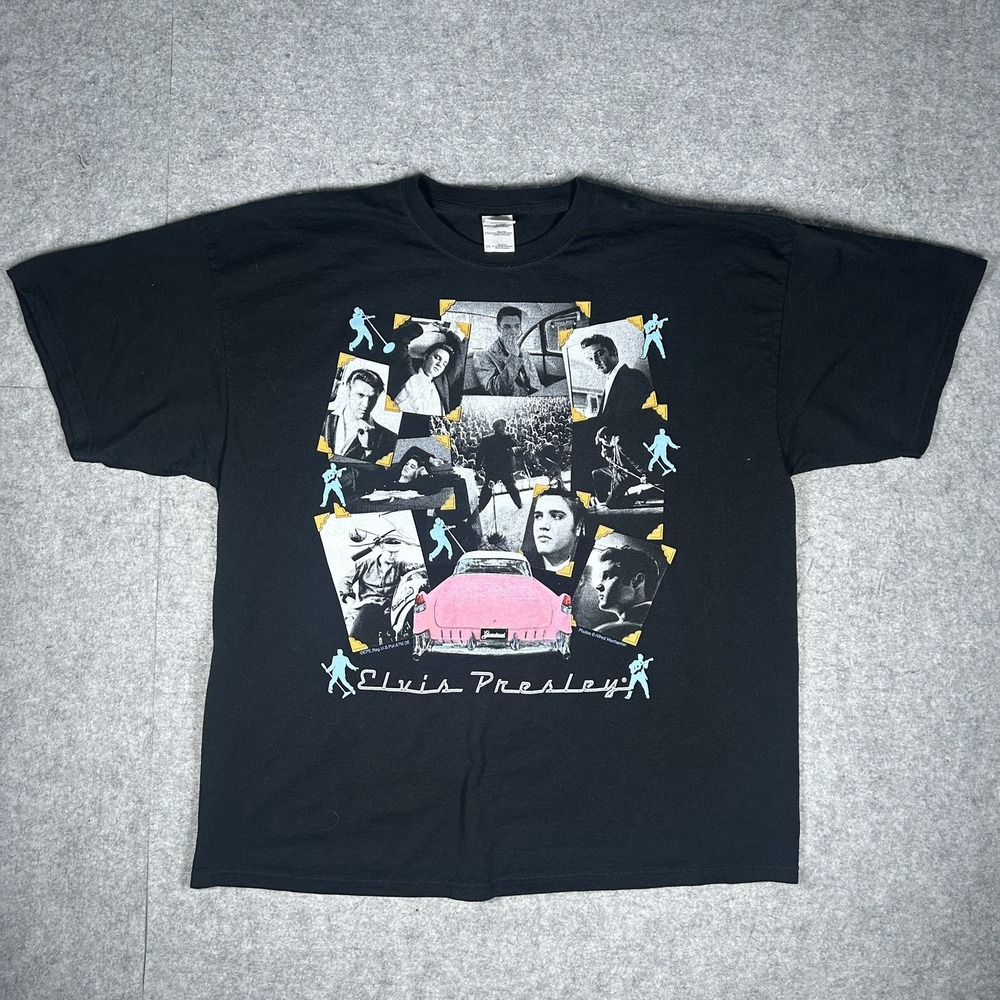 Vintage Gildan T-Shirt Mens 2XL Black Y2K Elvis Band Tee Music Graphic Collage